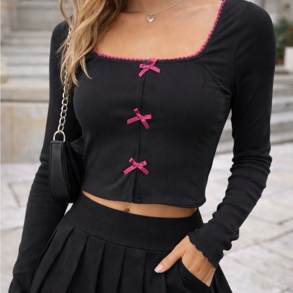 Ragdoll LA Black Ribbed Bow Cardigan Top Y2K Coquette Small 2000s vibe